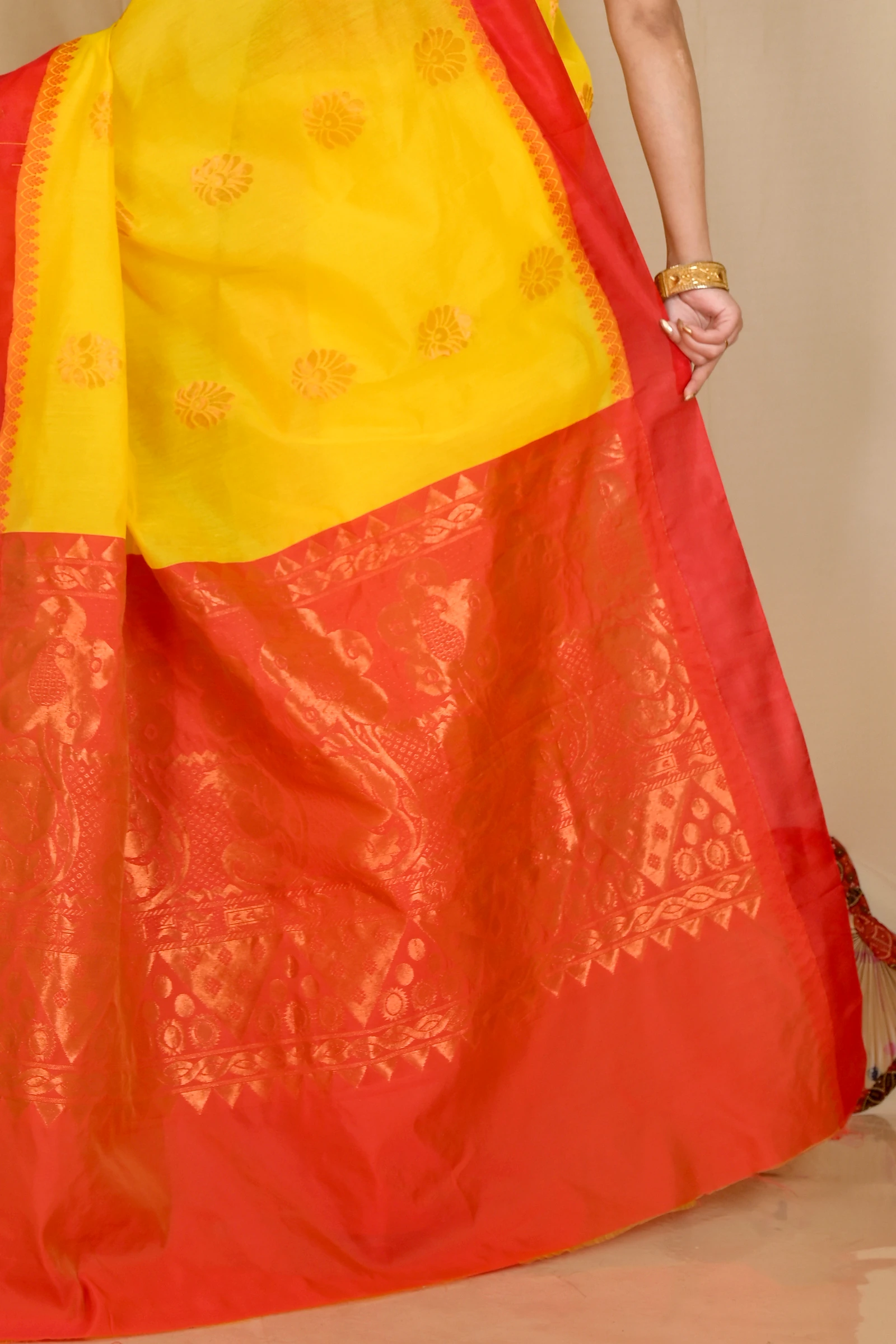 Yellow Red Cotton Silk Kakin Hand Loom Saree (1715)