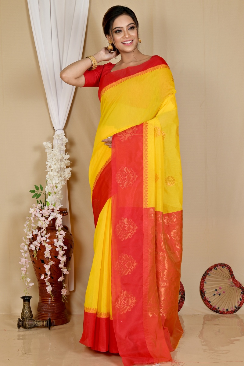 Yellow Red Cotton Silk Kakin Hand Loom Saree (1715)