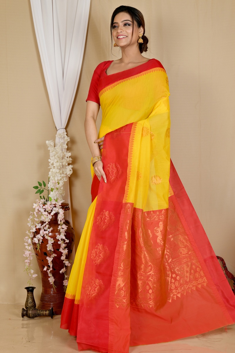 Yellow Red Cotton Silk Kakin Hand Loom Saree (1715)