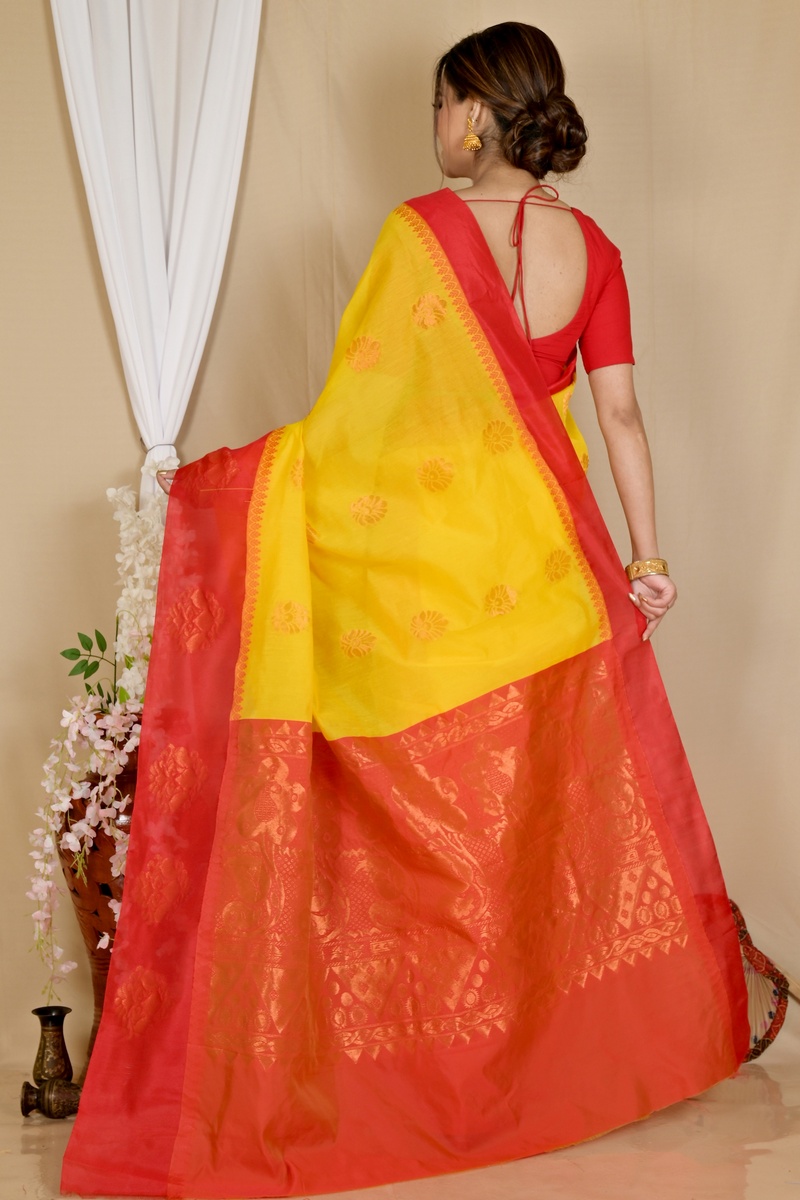 Yellow Red Cotton Silk Kakin Hand Loom Saree (1715)