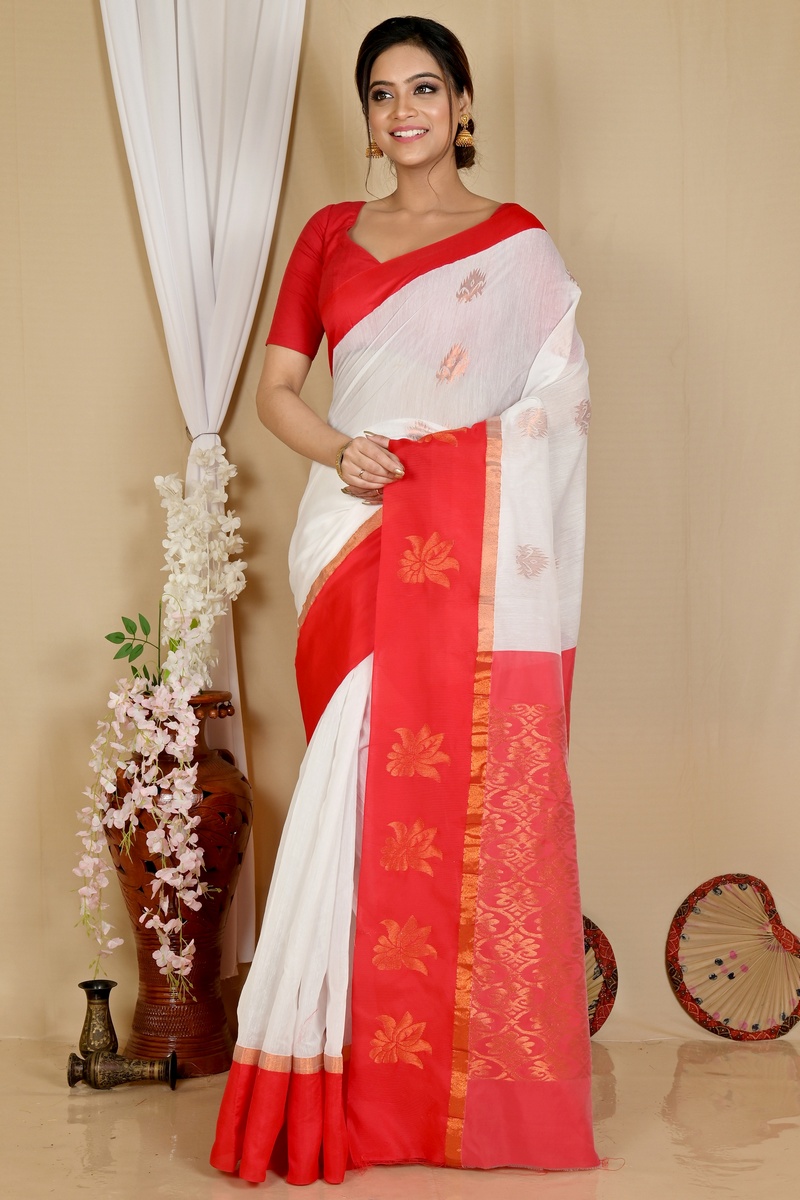 White Red Cotton Silk Kakin Hand Loom Saree (1716)