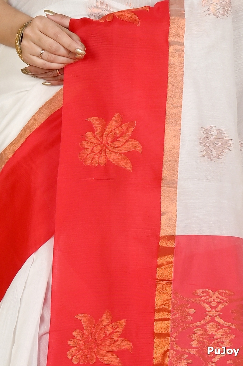 White Red Cotton Silk Kakin Hand Loom Saree (1716)