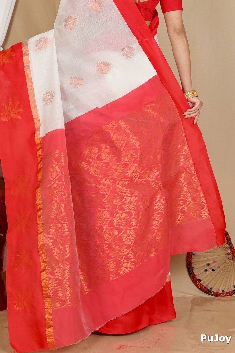 White Red Cotton Silk Kakin Hand Loom Saree (1716)