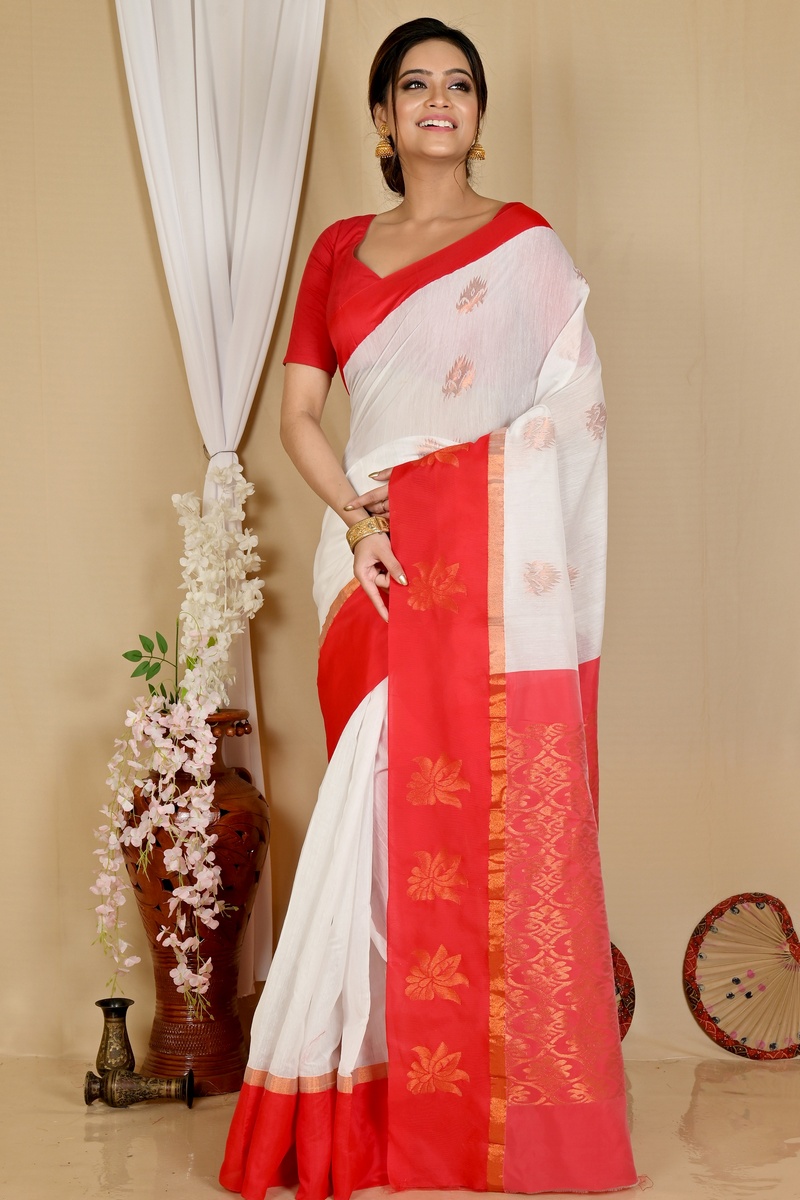 White Red Cotton Silk Kakin Hand Loom Saree (1716)