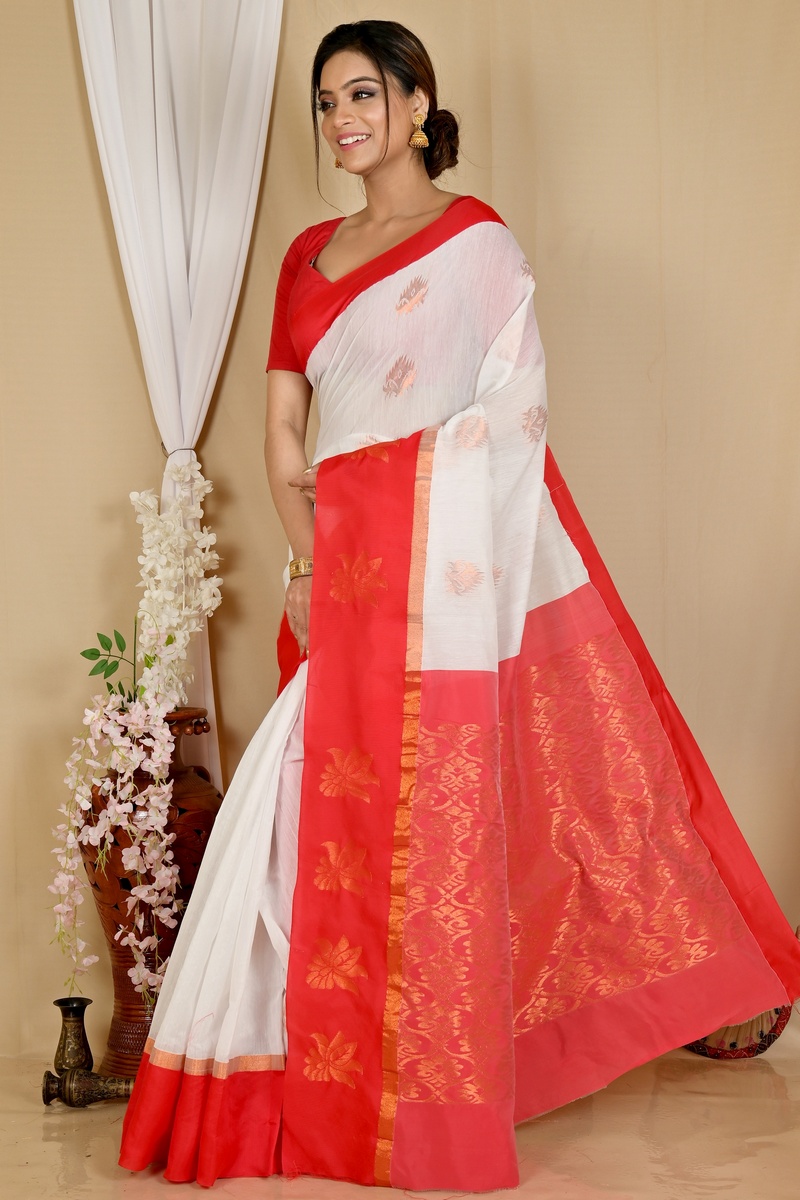 White Red Cotton Silk Kakin Hand Loom Saree (1716)