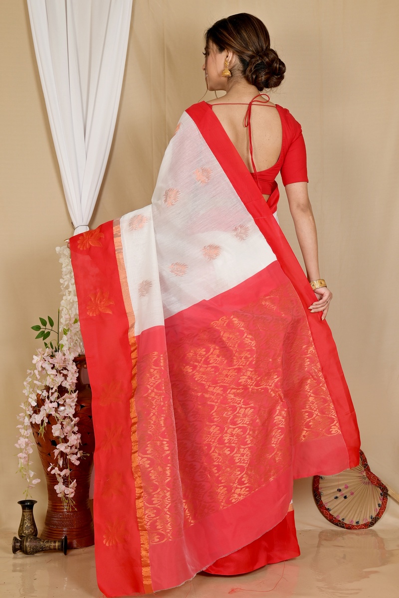 White Red Cotton Silk Kakin Hand Loom Saree (1716)