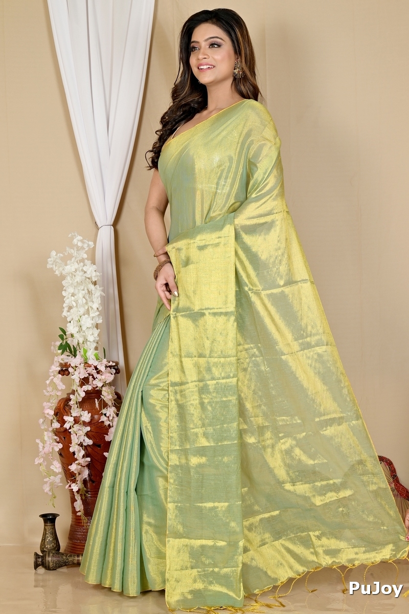 Green Cotton Silk Tisuka Than Hand Loom Saree (1717)