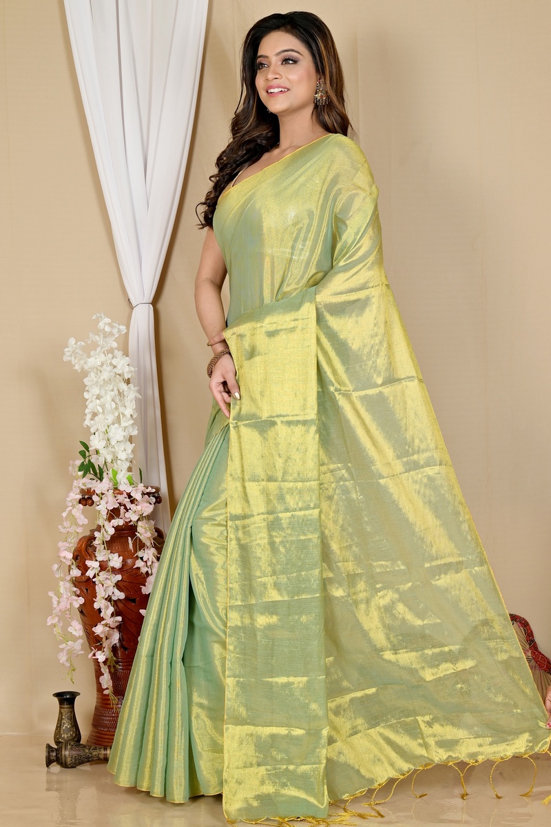 Green Cotton Silk Tisuka Than Hand Loom Saree (1717)
