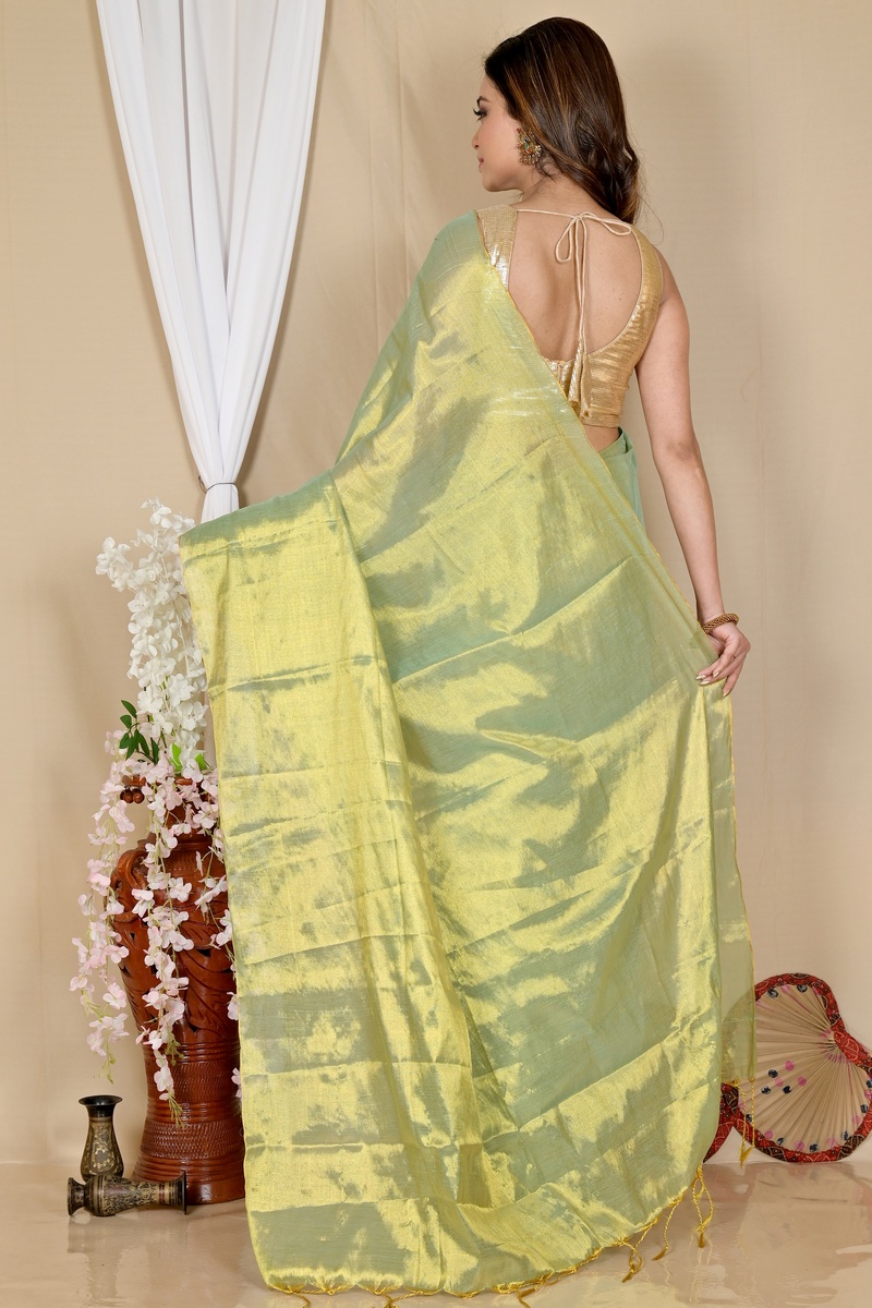 Green Cotton Silk Tisuka Than Hand Loom Saree (1717)