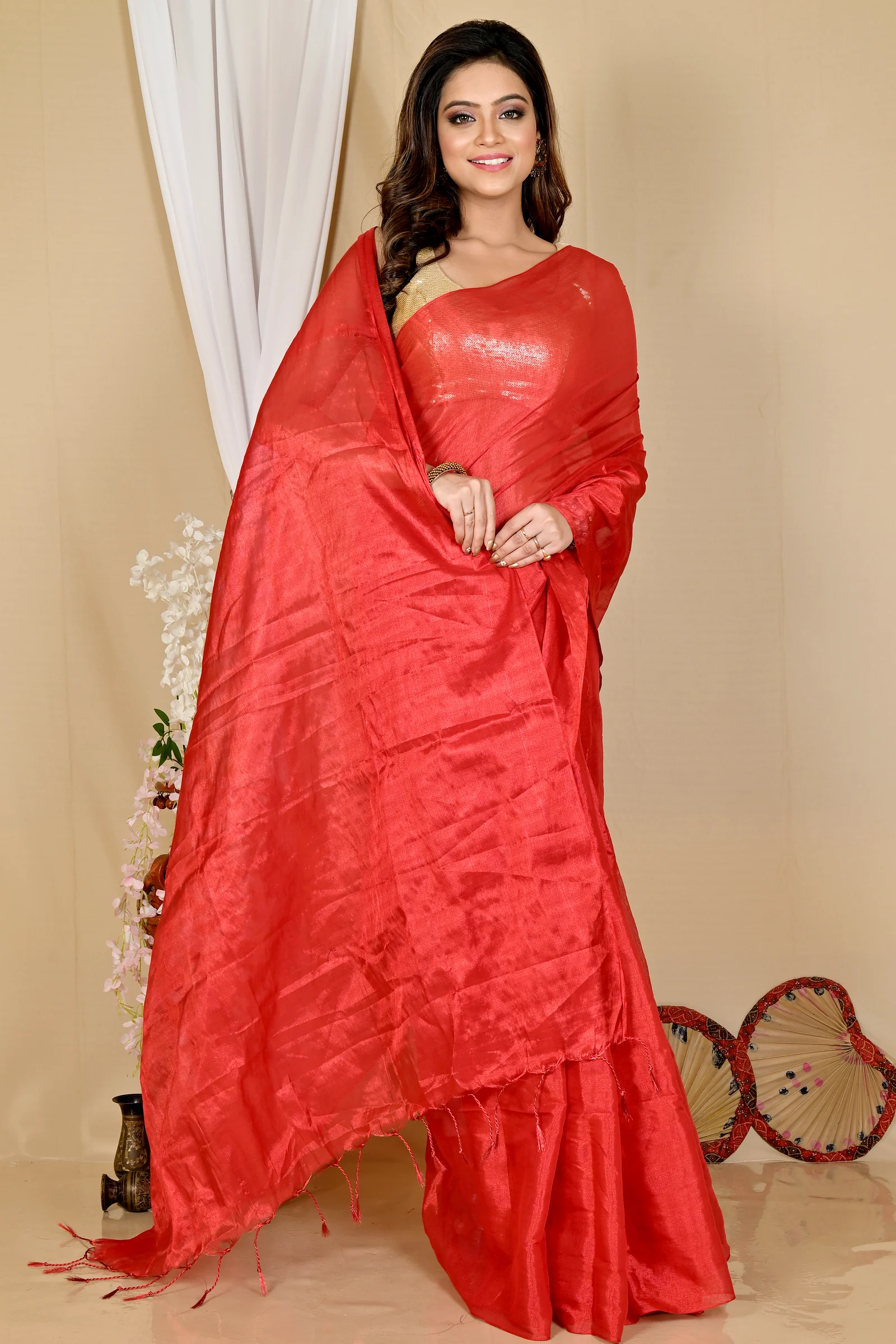 Red Cotton Silk Tisuka Than Hand Loom Saree (1718)