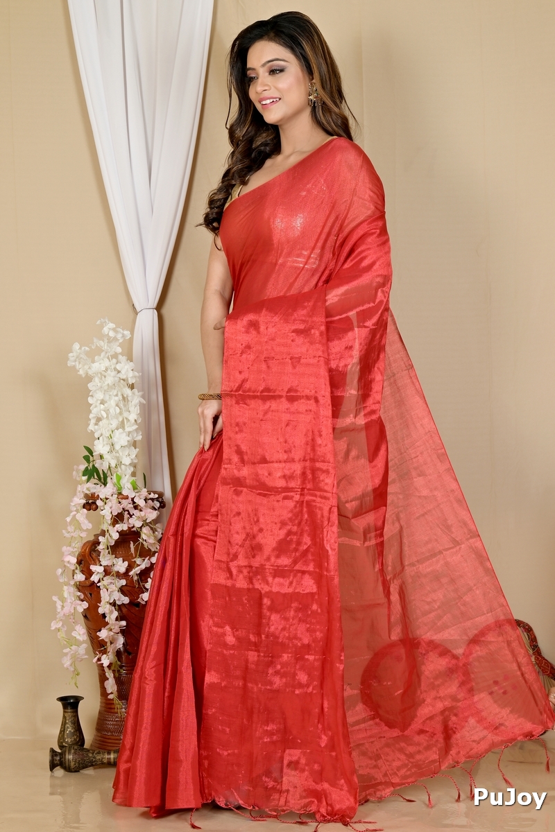 Red Cotton Silk Tisuka Than Hand Loom Saree (1718)