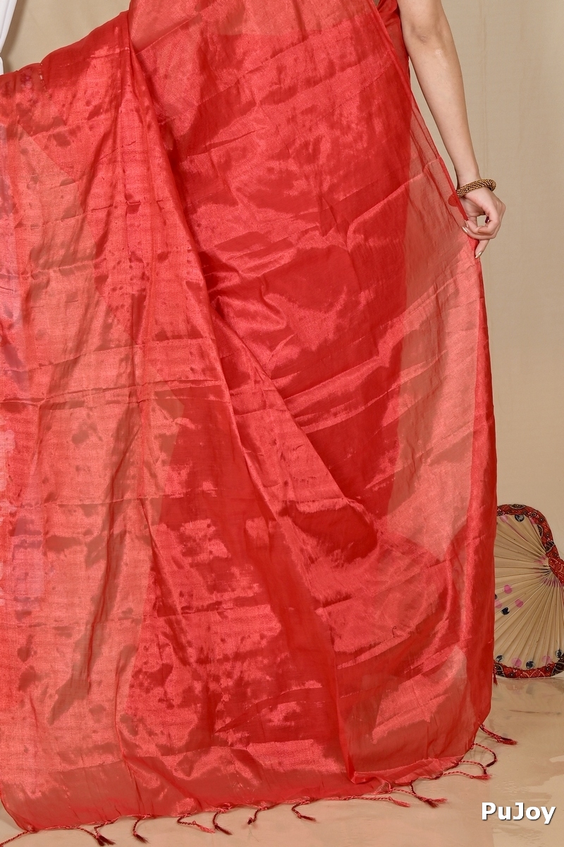 Red Cotton Silk Tisuka Than Hand Loom Saree (1718)