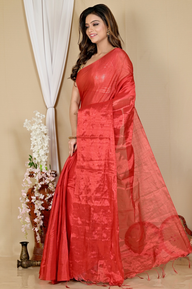 Red Cotton Silk Tisuka Than Hand Loom Saree (1718)