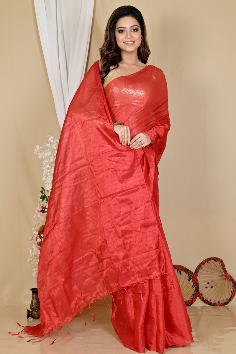 Red Cotton Silk Tisuka Than Hand Loom Saree (1718)