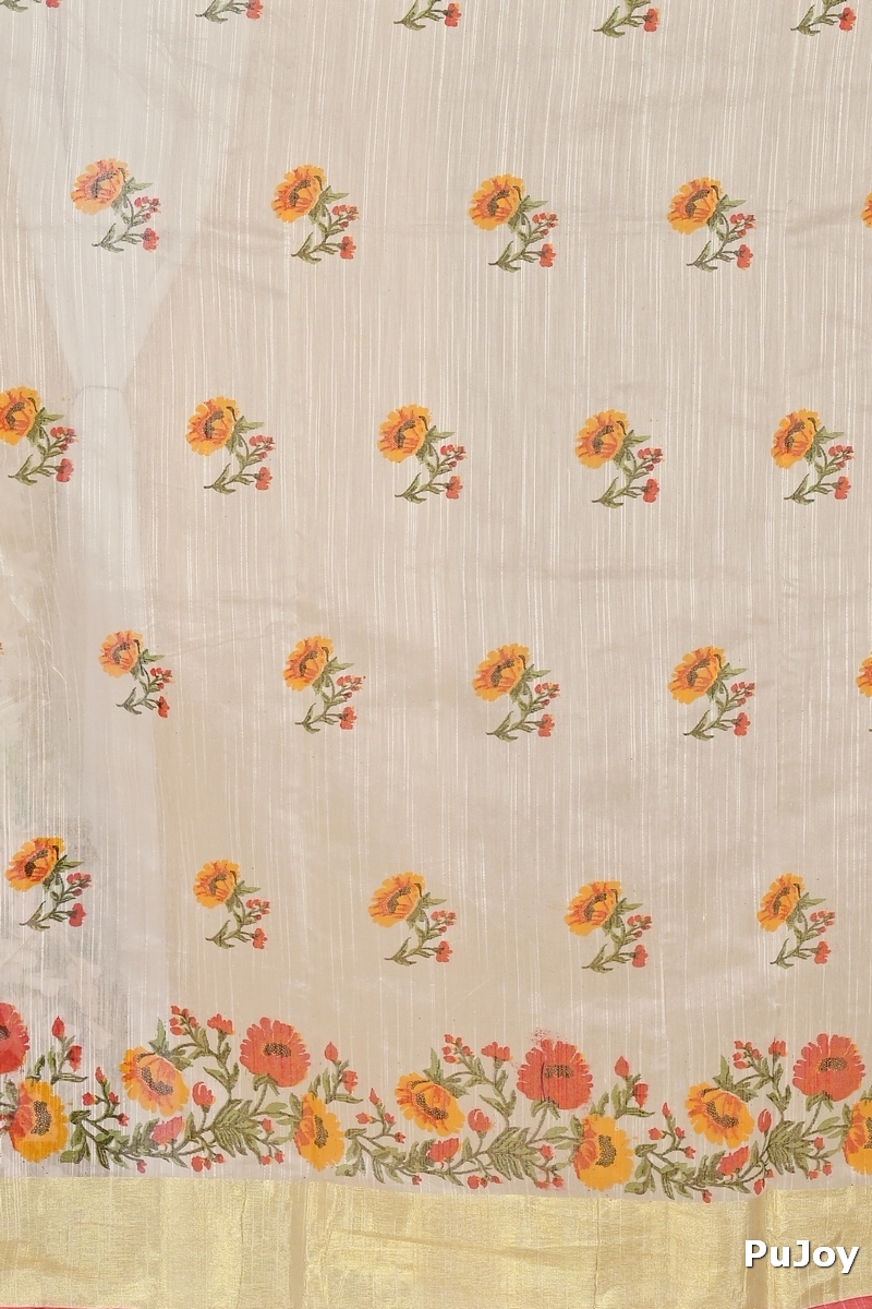 White Cotton Narme Printed Handloom Saree (1724)