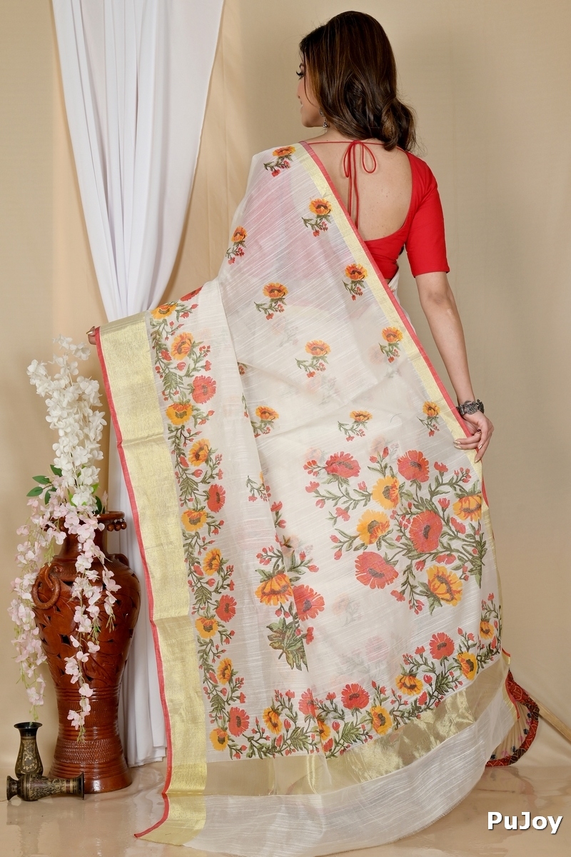 White Cotton Narme Printed Handloom Saree (1724)
