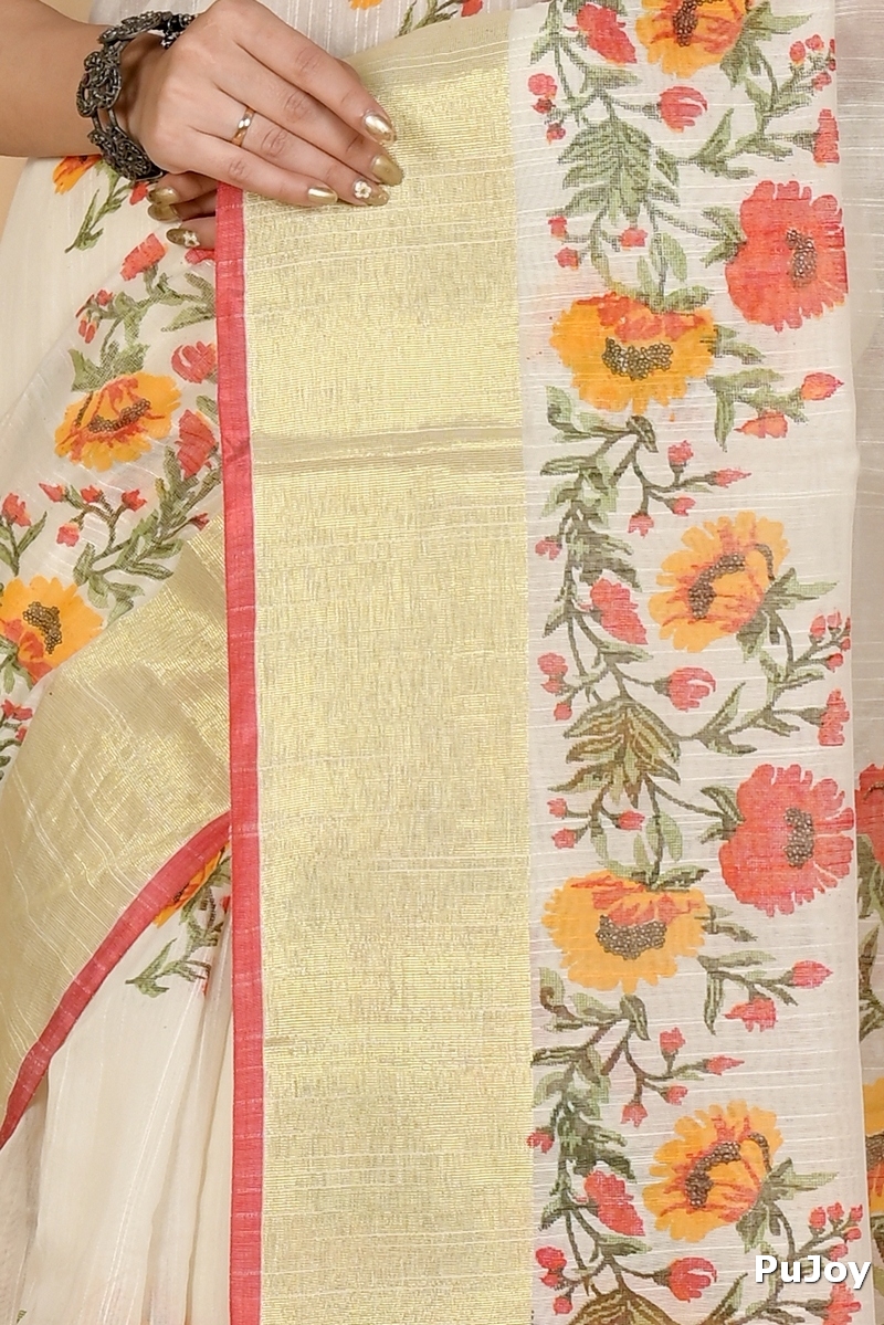 White Cotton Narme Printed Handloom Saree (1724)