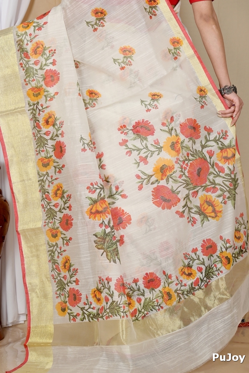 White Cotton Narme Printed Handloom Saree (1724)