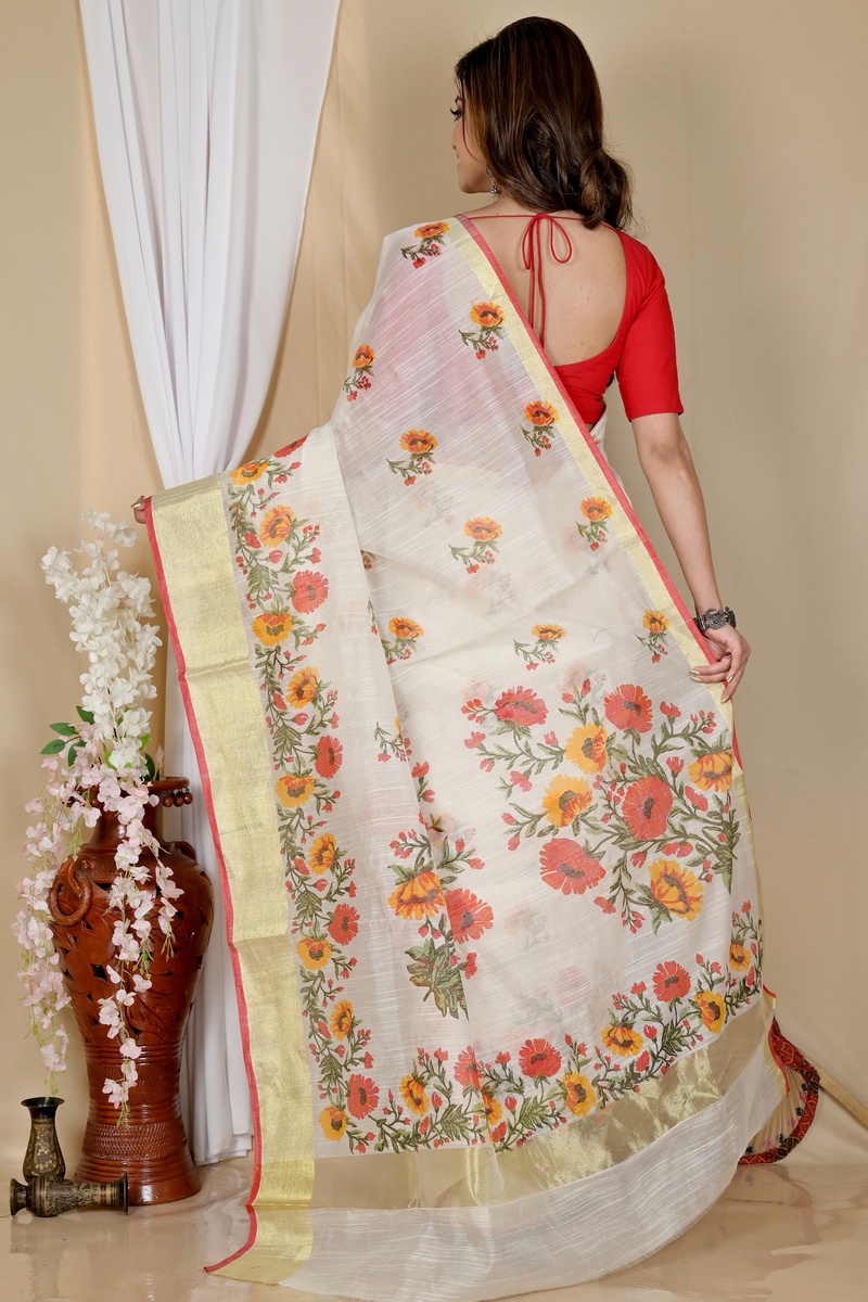 White Cotton Narme Printed Handloom Saree (1724)