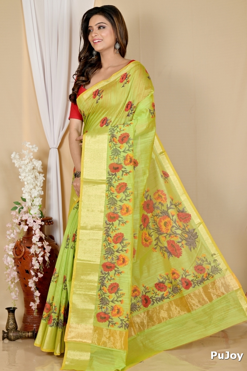 Green Cotton Narme Printed Handloom Saree (1725)