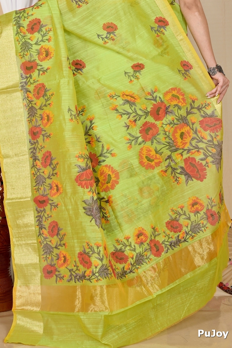 Green Cotton Narme Printed Handloom Saree (1725)