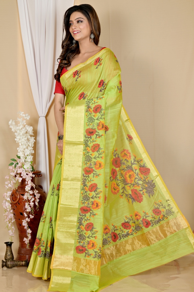 Green Cotton Narme Printed Handloom Saree (1725)
