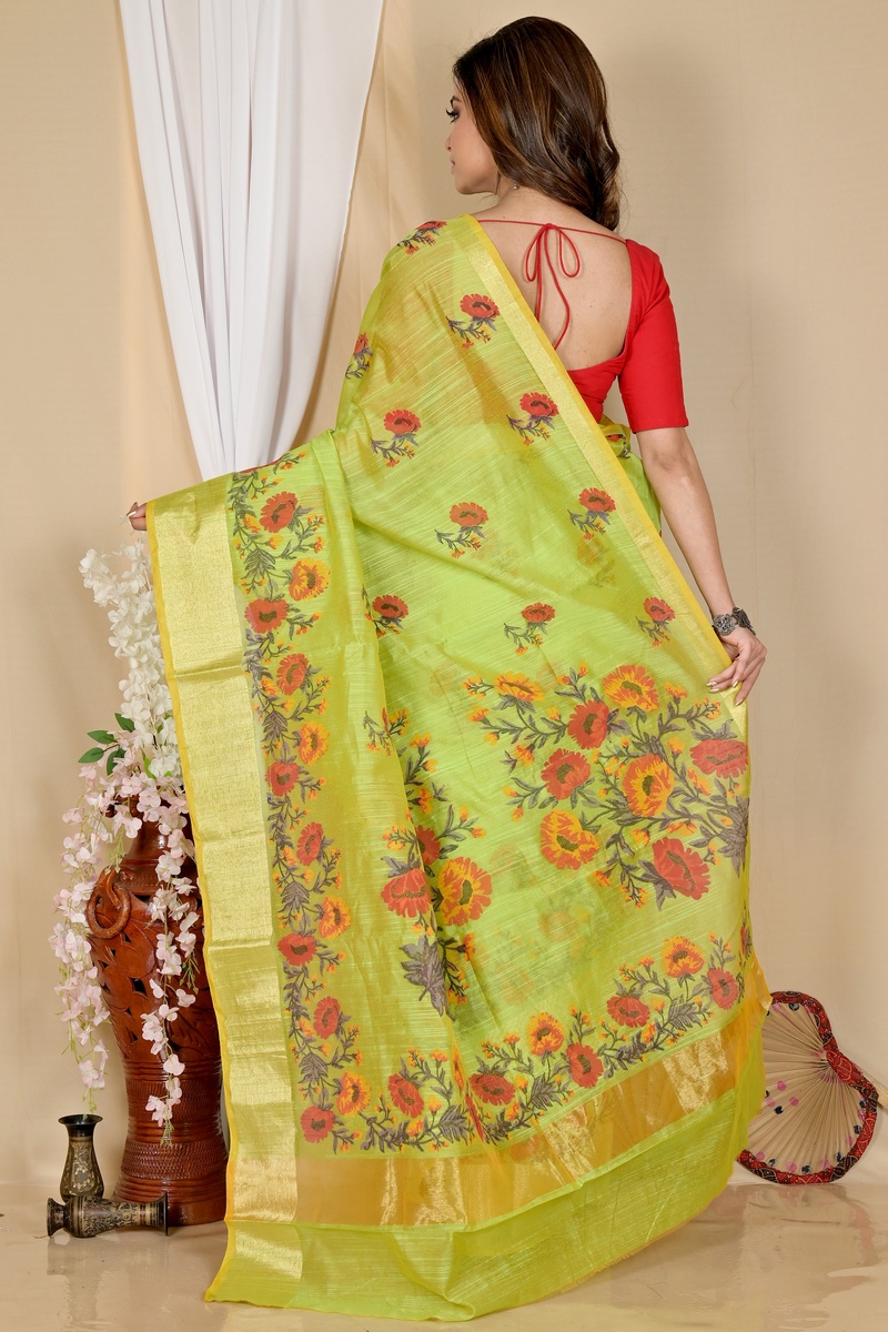 Green Cotton Narme Printed Handloom Saree (1725)