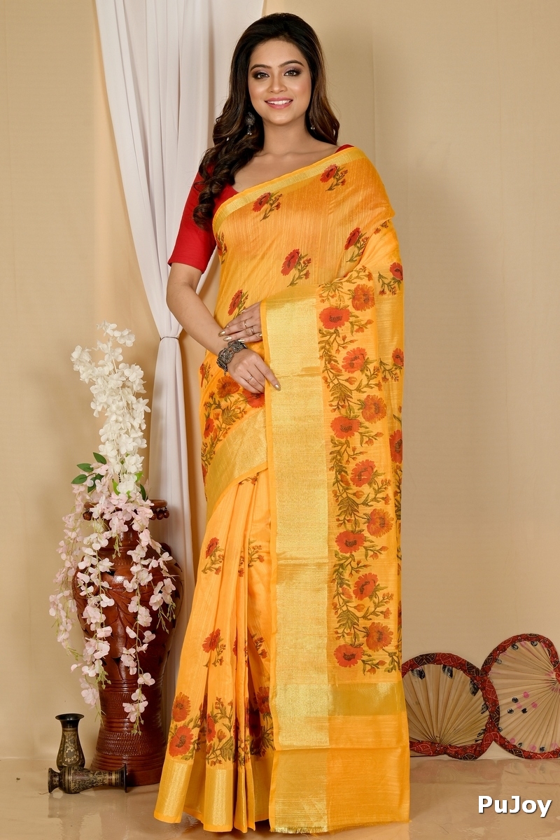 Yellow Cotton Narme Printed Handloom Saree (1726)