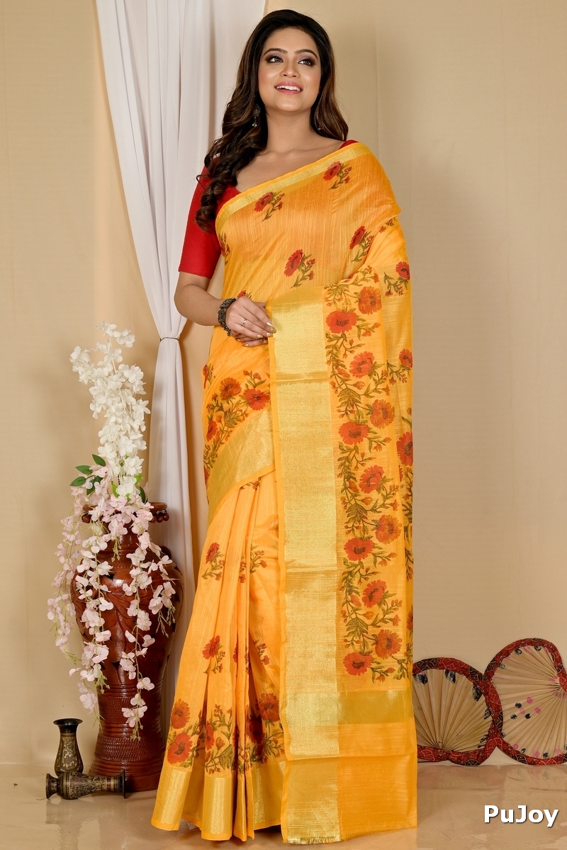 Yellow Cotton Narme Printed Handloom Saree (1726)