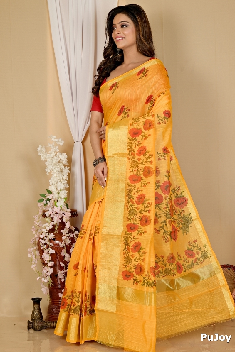 Yellow Cotton Narme Printed Handloom Saree (1726)