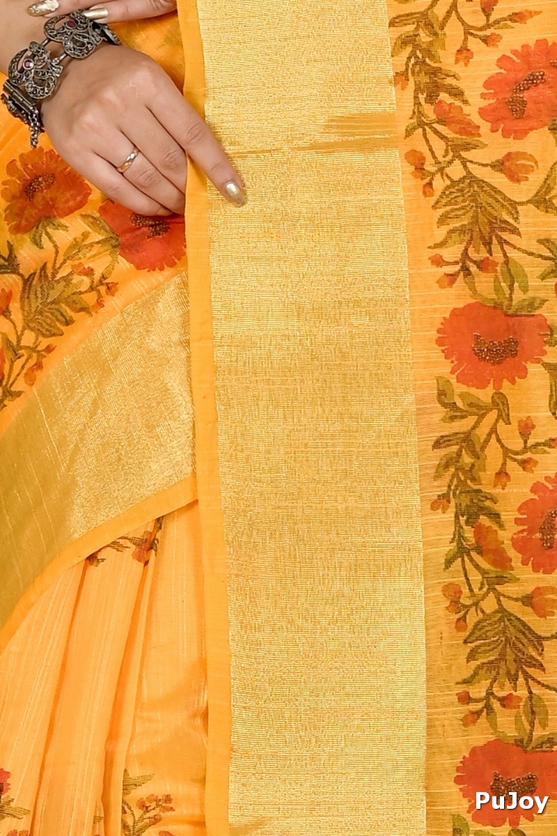 Yellow Cotton Narme Printed Handloom Saree (1726)