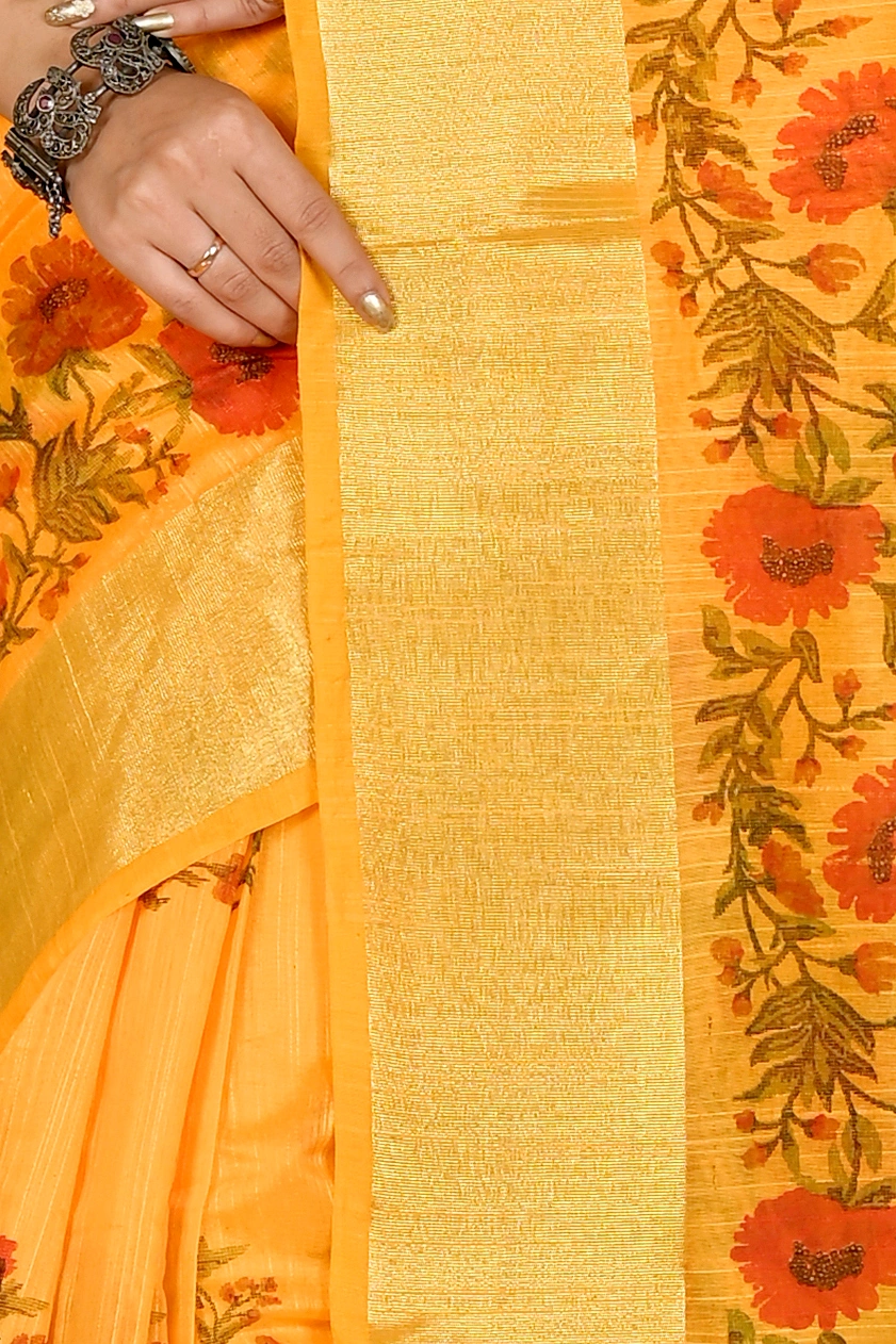 Yellow Cotton Narme Printed Handloom Saree (1726)
