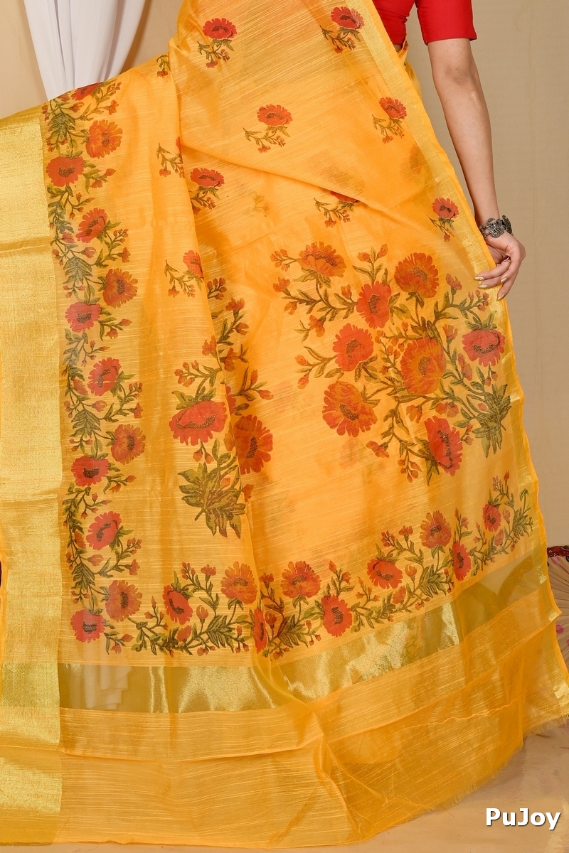 Yellow Cotton Narme Printed Handloom Saree (1726)