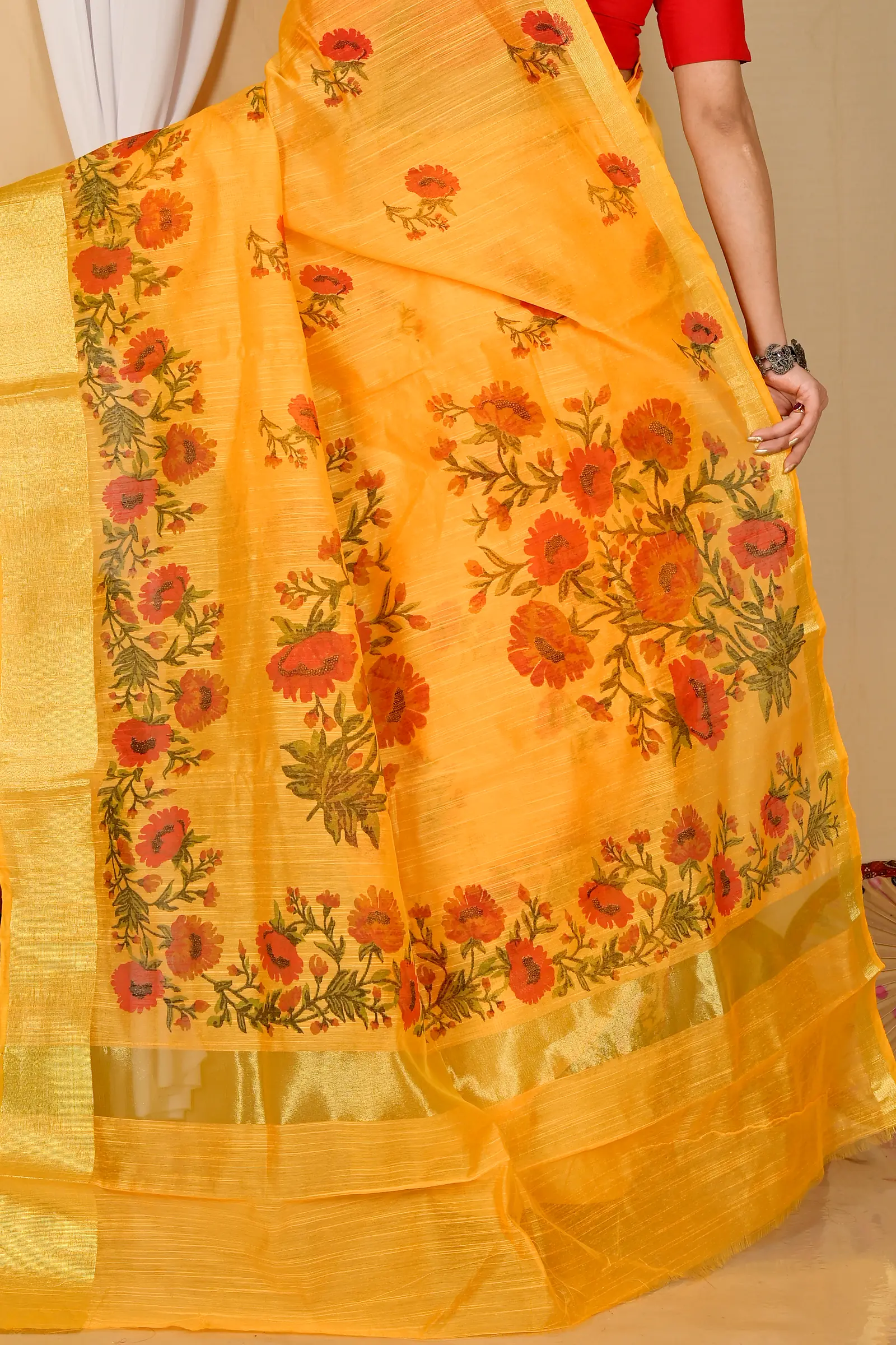 Yellow Cotton Narme Printed Handloom Saree (1726)