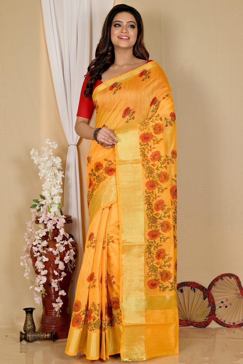 Yellow Cotton Narme Printed Handloom Saree (1726)
