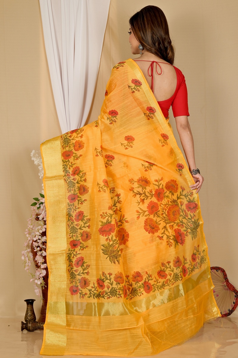 Yellow Cotton Narme Printed Handloom Saree (1726)