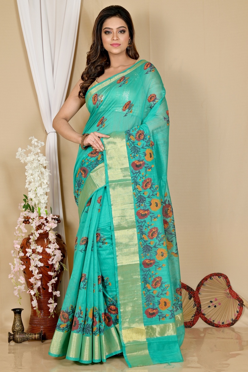 See Green Cotton Narme Printed Handloom Saree (1727)