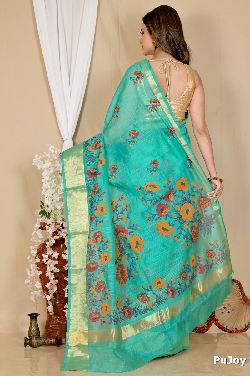 See Green Cotton Narme Printed Handloom Saree (1727)