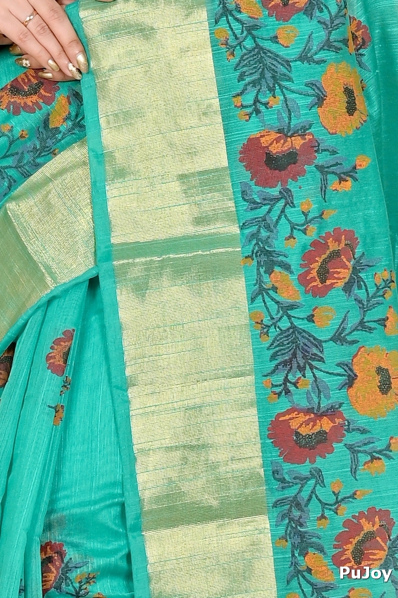 See Green Cotton Narme Printed Handloom Saree (1727)