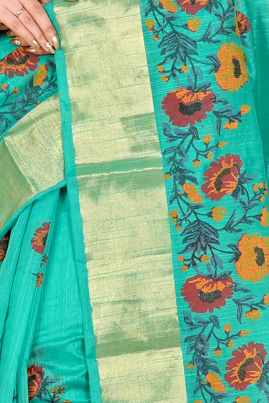 See Green Cotton Narme Printed Handloom Saree (1727)