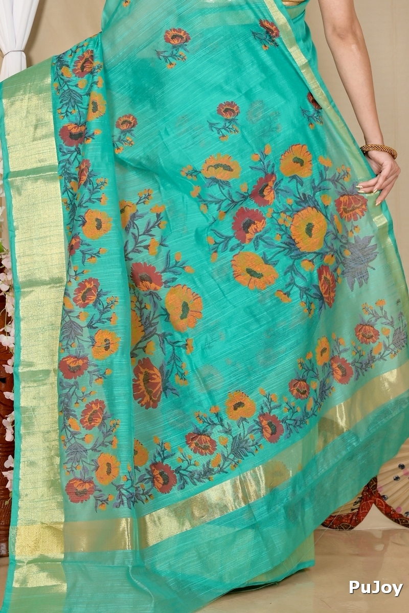 See Green Cotton Narme Printed Handloom Saree (1727)