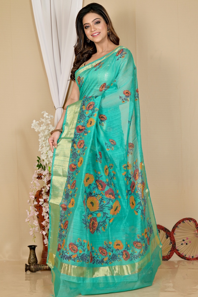See Green Cotton Narme Printed Handloom Saree (1727)