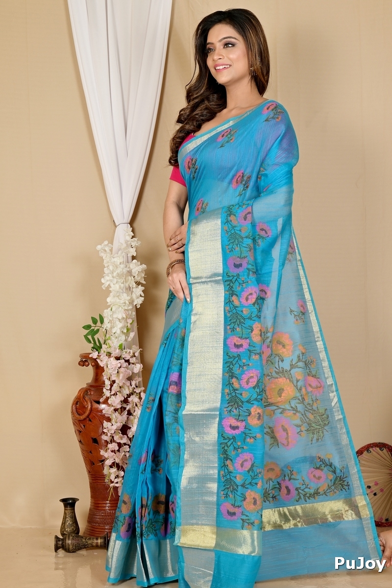 See Blue Cotton Narme Printed Handloom Saree (1728)