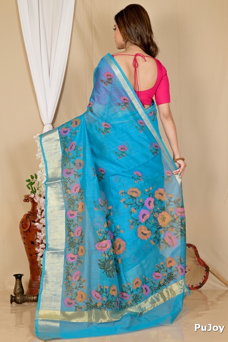 See Blue Cotton Narme Printed Handloom Saree (1728)