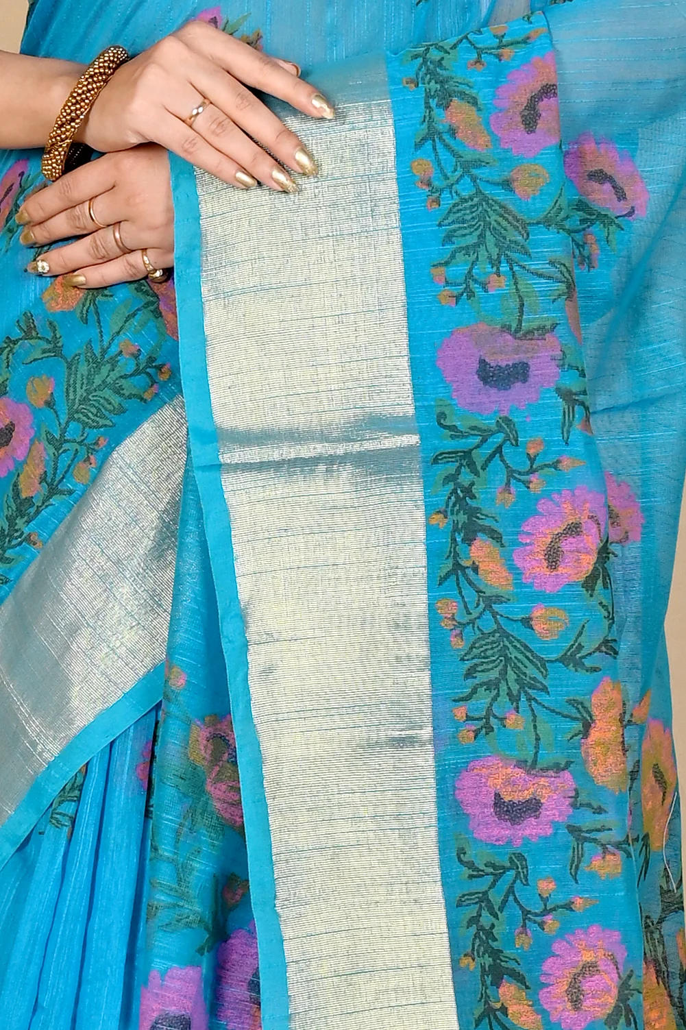 See Blue Cotton Narme Printed Handloom Saree (1728)