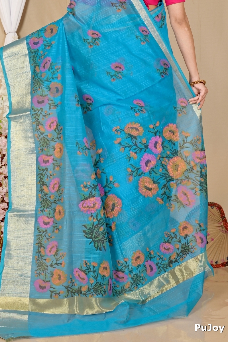 See Blue Cotton Narme Printed Handloom Saree (1728)
