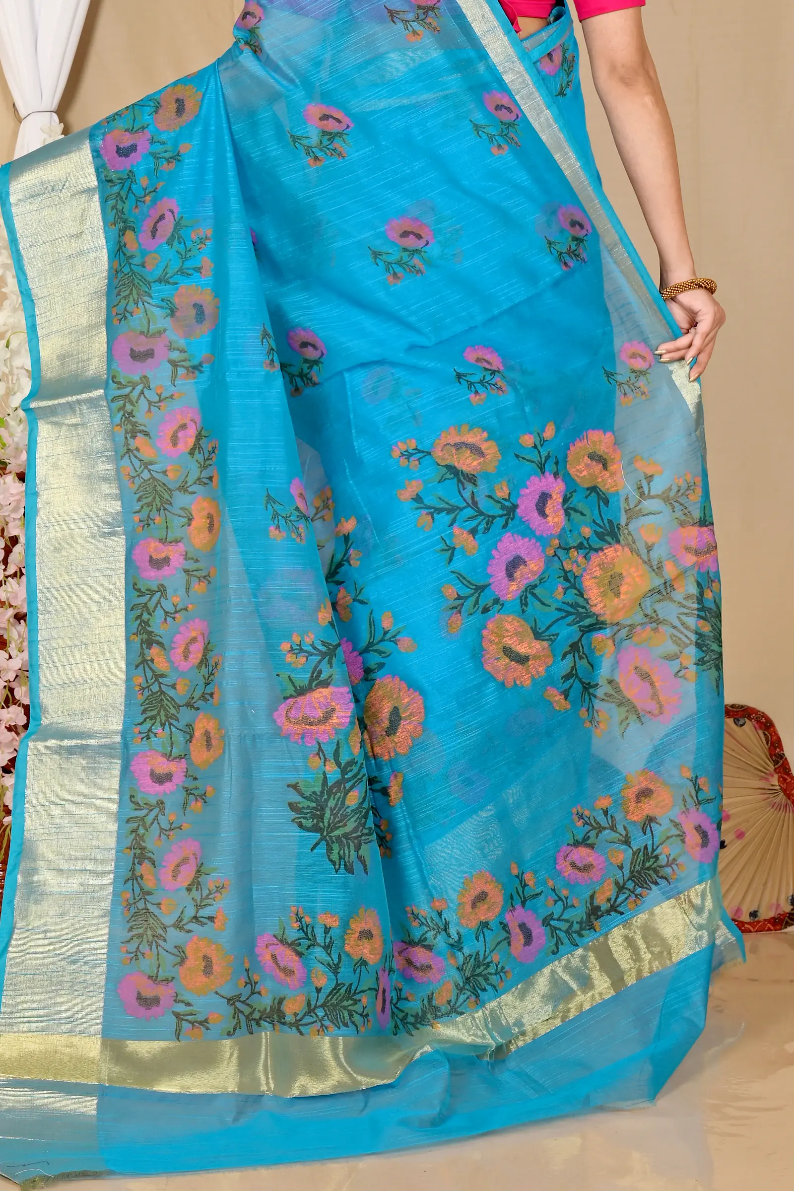See Blue Cotton Narme Printed Handloom Saree (1728)
