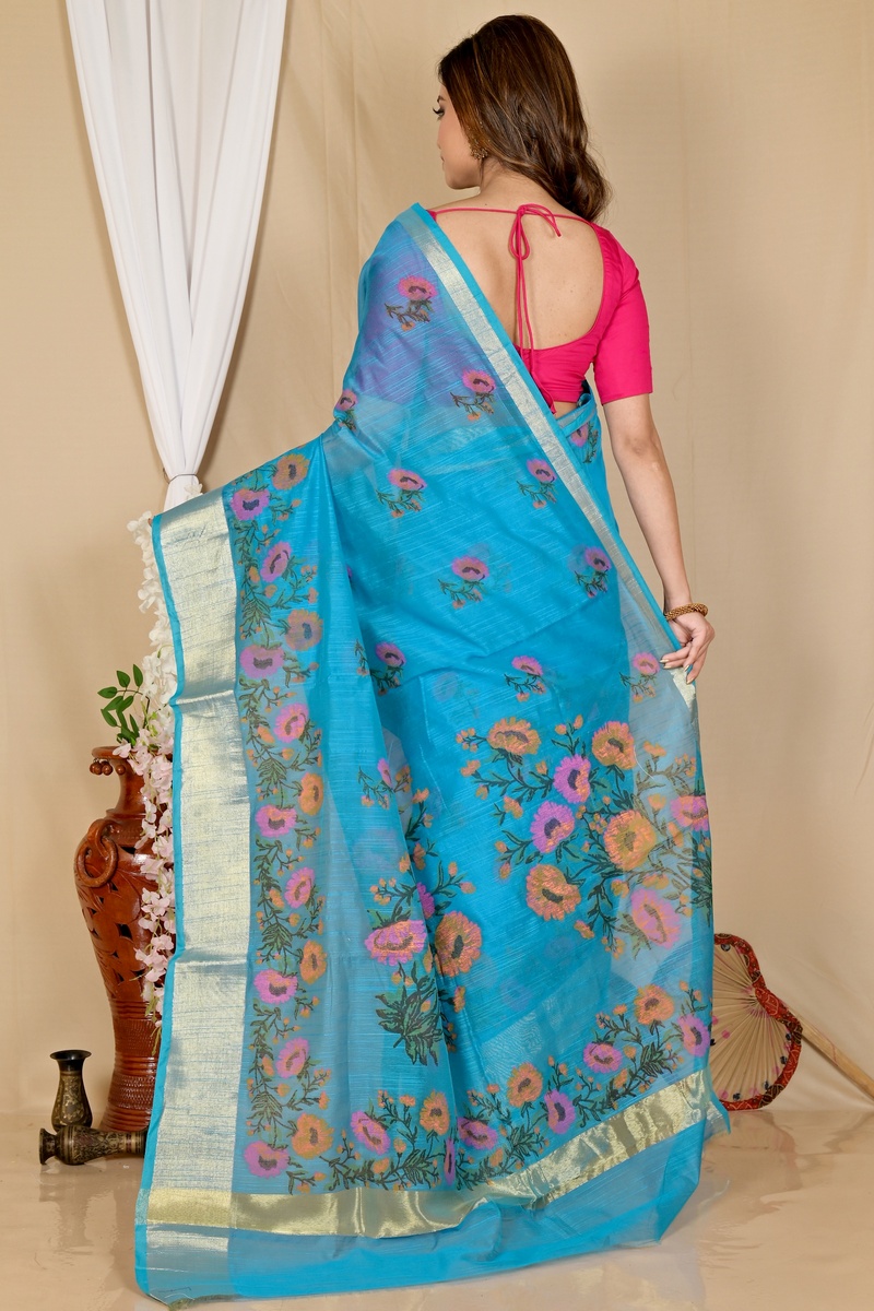 See Blue Cotton Narme Printed Handloom Saree (1728)