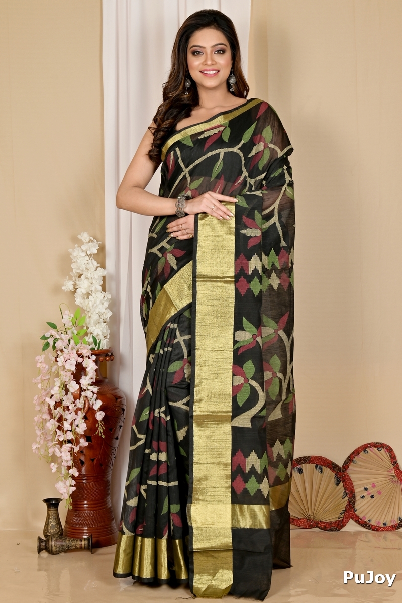Black Blended Cotton Narento Hand Loom Saree (1729)