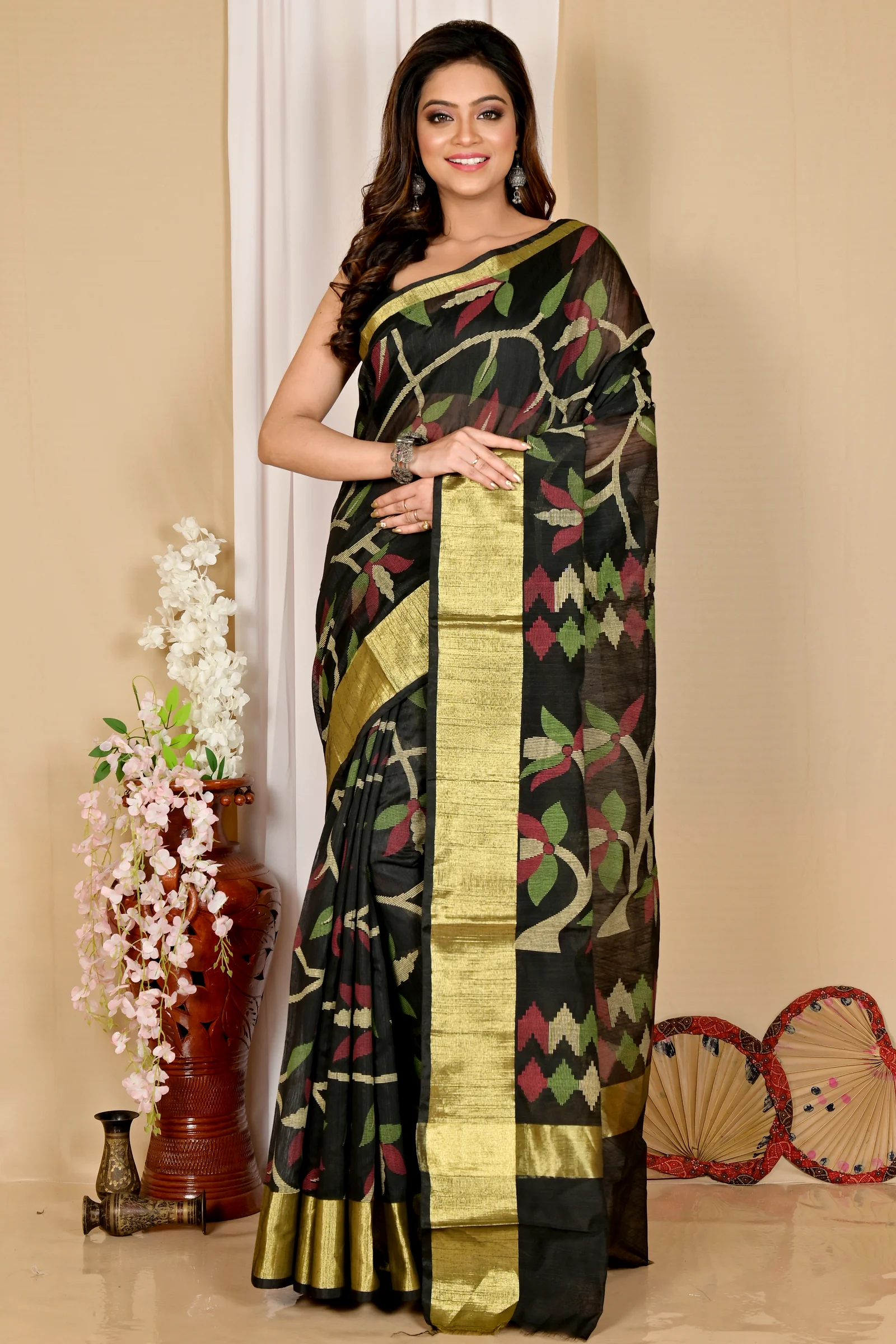 Black Blended Cotton Narento Hand Loom Saree (1729)